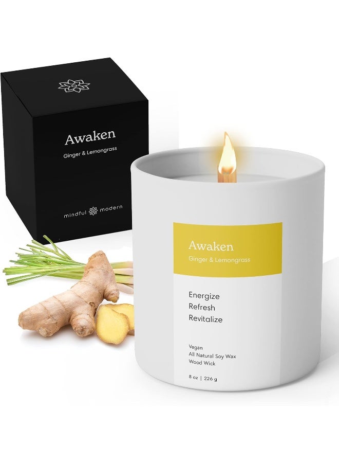 Mindful Modern & Natural Awaken Candle | Ginger & Lemongrass Scented | Aromatherapy for Stress Relief, Meditation, Yoga, Chakra Healing, & Prayer | Elegant Home Fragrance | Soy Wax | 8oz Glass Jar - Image 1